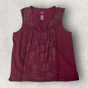 St. John's Bay Deep Red Maroon Floral Sleeveless Top Womens Large Lace Accents